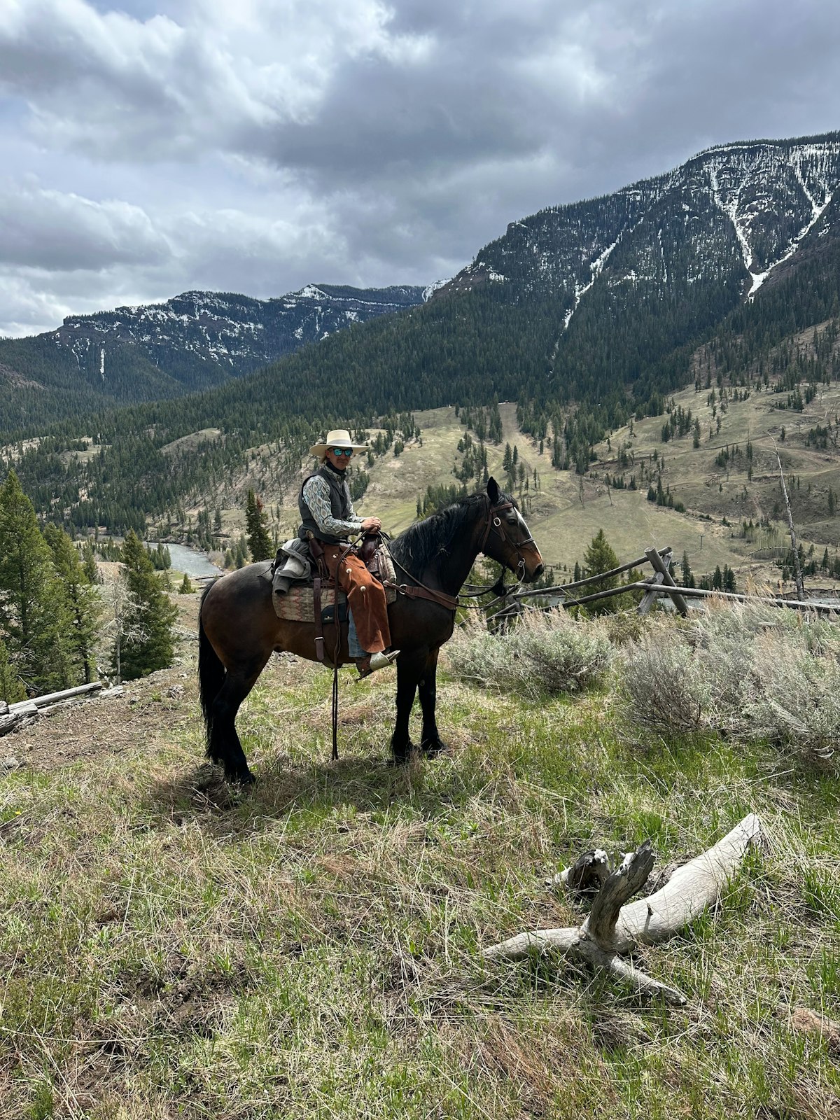 Outfitter and hunter on horseback packing into a mountain elk camp at dawn