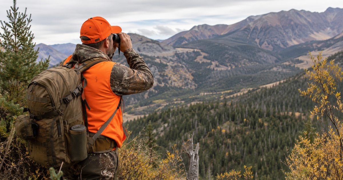 Hunter in orange vest glassing across a mountain ridge during early fall elk season