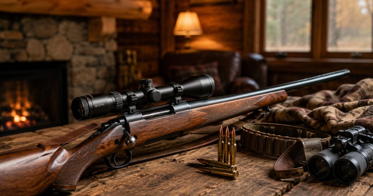 Hunting rifle with scope and ammunition on a wooden table, ready for deer season preparation