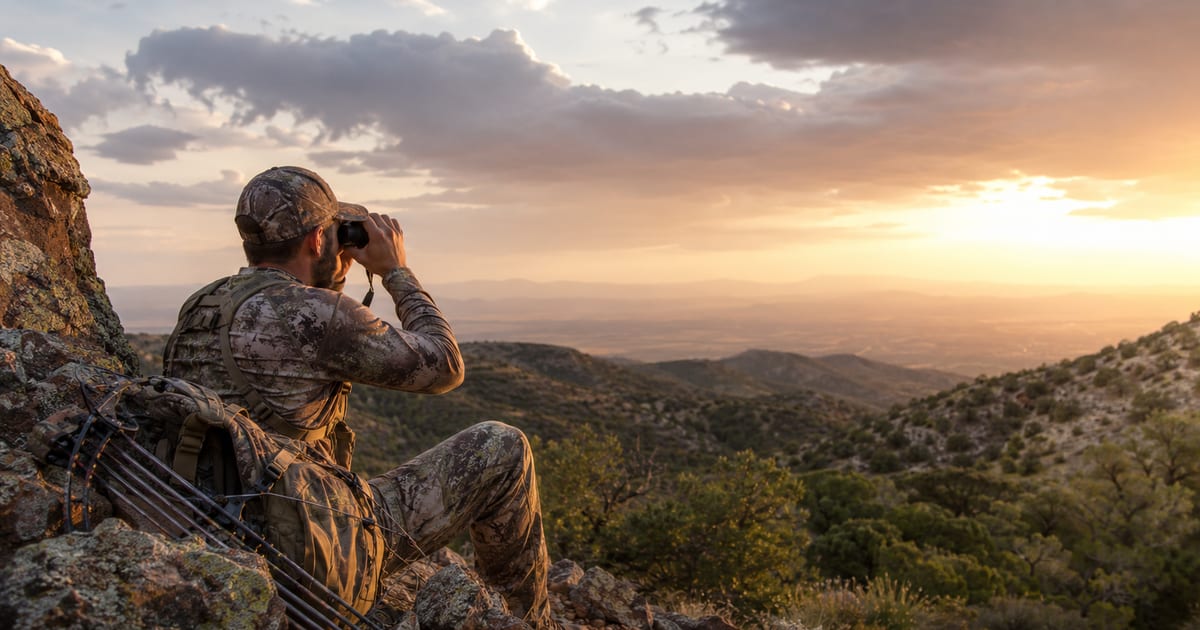 Bowhunter glassing a desert ridge for deer during Arizona's August OTC archery season