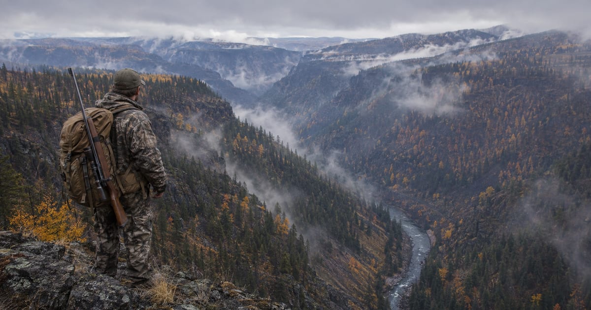 Elk hunter with pack and rifle overlooking a steep timbered Idaho river canyon in fall